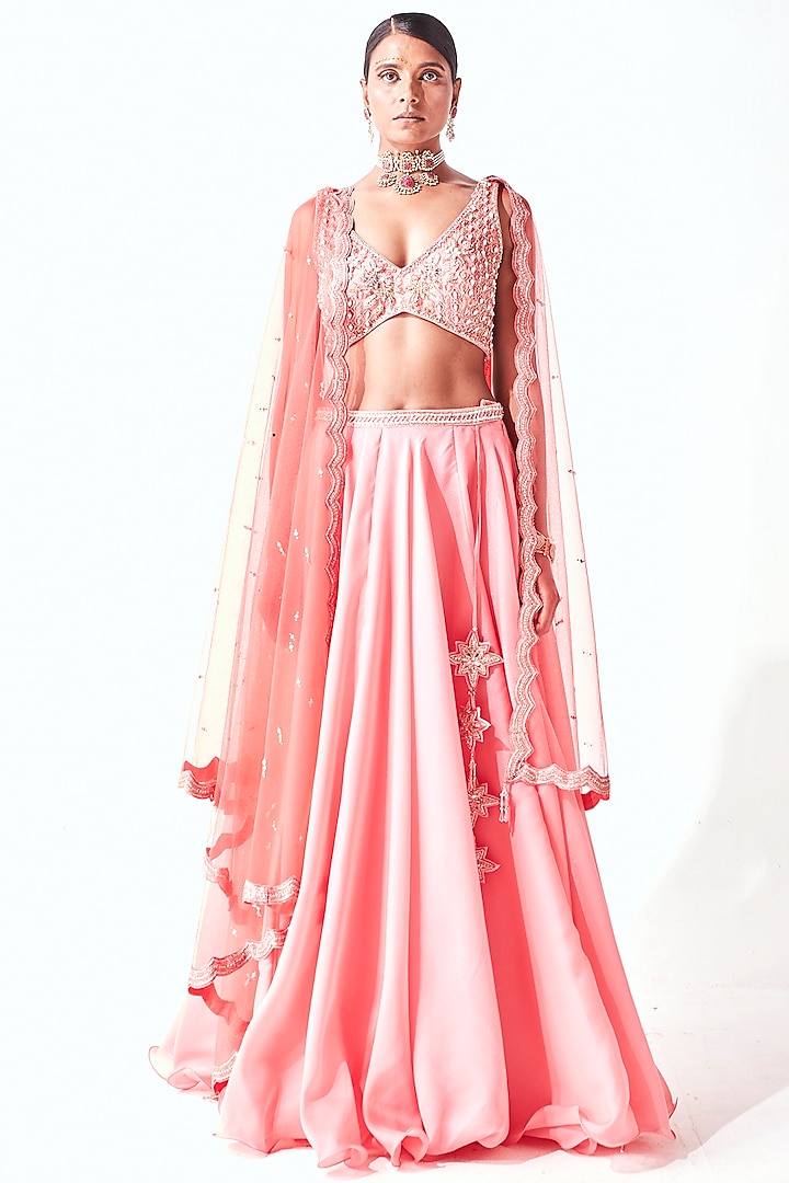 Coral Couture Embroidered Lehenga Set by Amitabh Malhotra