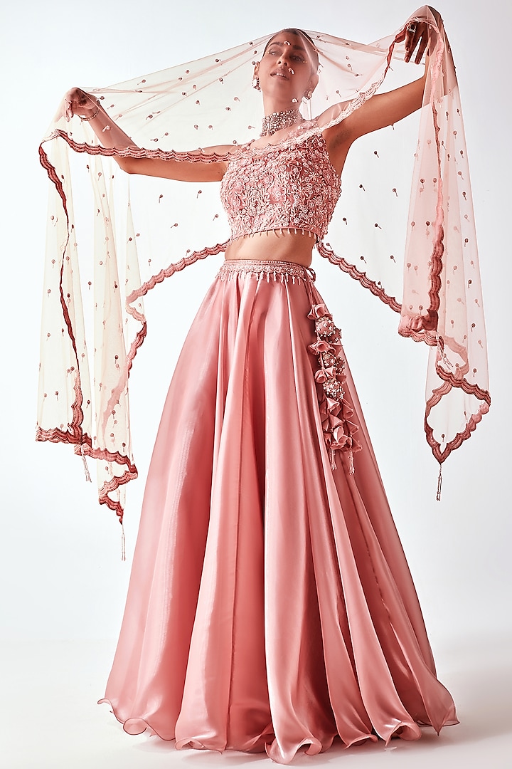 Peach Bloom Couture Embroidered Lehenga Set by Amitabh Malhotra