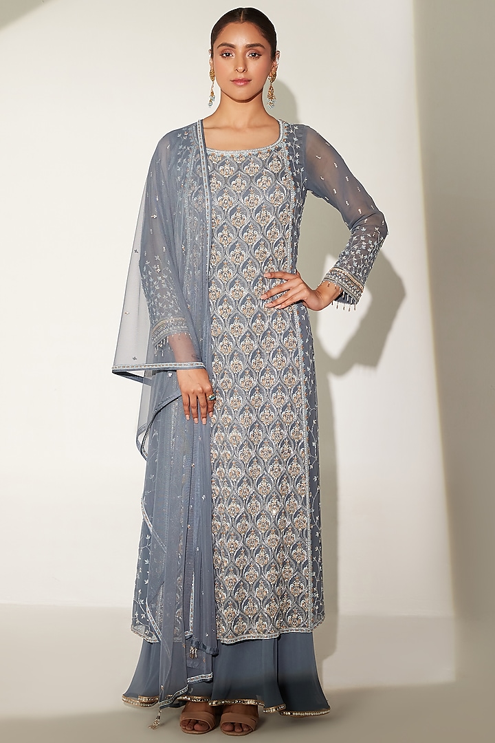 Blue Georgette Sharara Set by Amitabh Malhotra