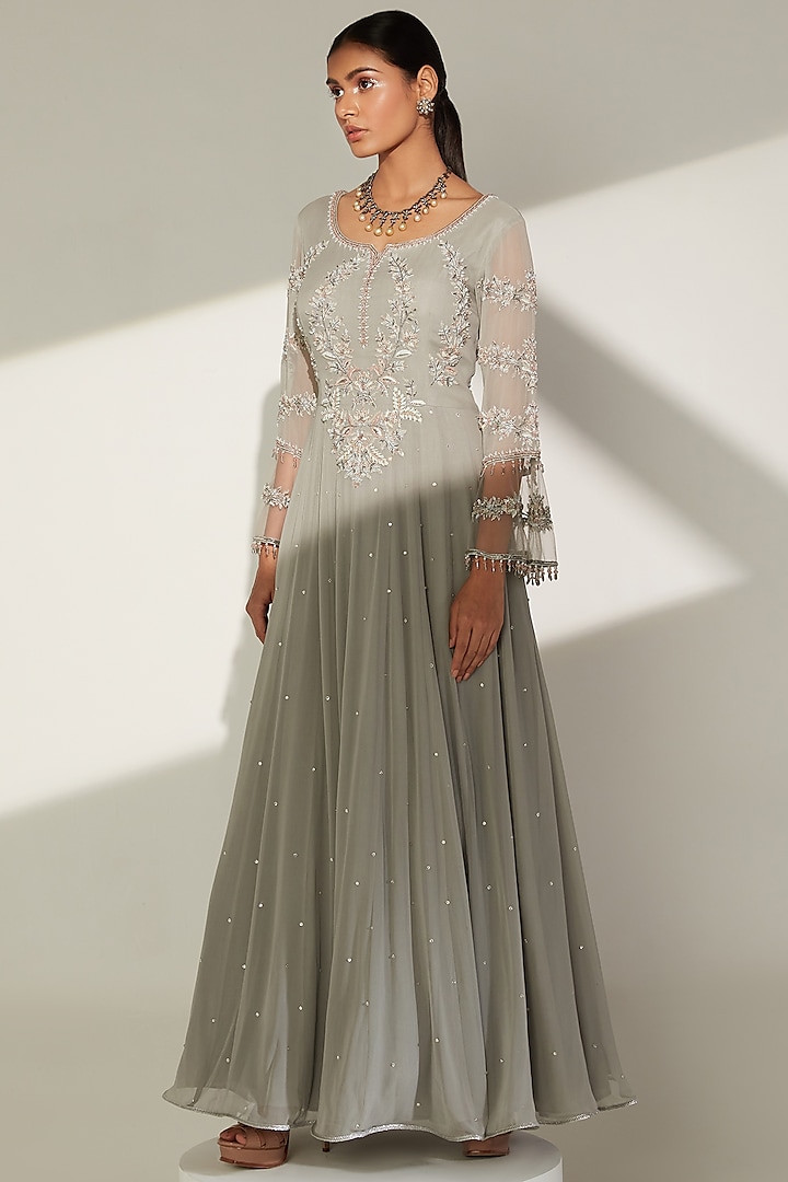 Pastel Grey Embroidered Gown by Amitabh Malhotra