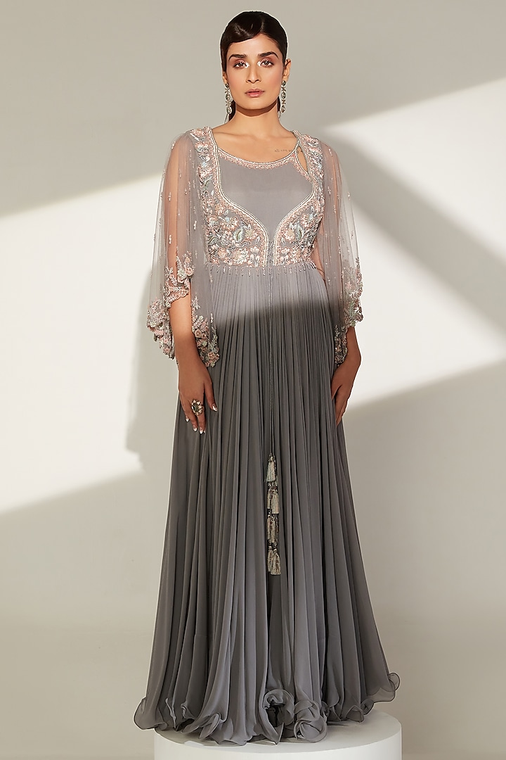 Metal Grey Embroidered Gown by Amitabh Malhotra