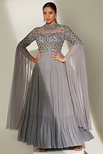 Icy Grey Embroidered Engagement Gown by Amitabh Malhotra at Pernia's Pop Up Shop