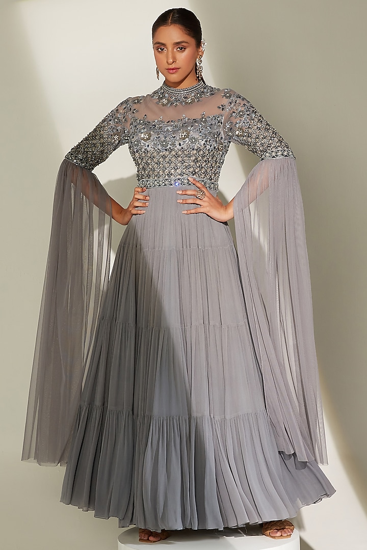 Icy Grey Embroidered Gown by Amitabh Malhotra