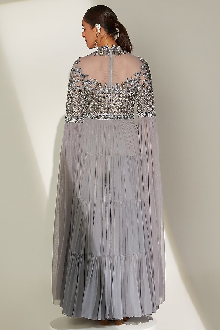 Icy Grey Embroidered Engagement Gown by Amitabh Malhotra at Pernia's Pop Up Shop