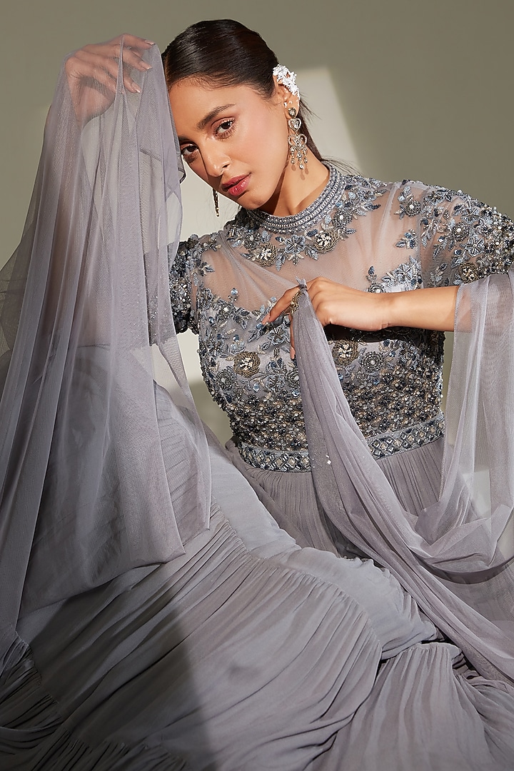 Icy Grey Embroidered Engagement Gown by Amitabh Malhotra at Pernia's Pop Up Shop