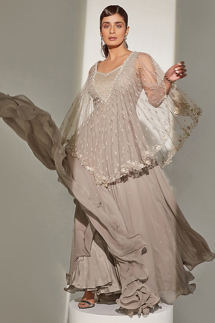 Slate Grey Embroidered Gown by Amitabh Malhotra