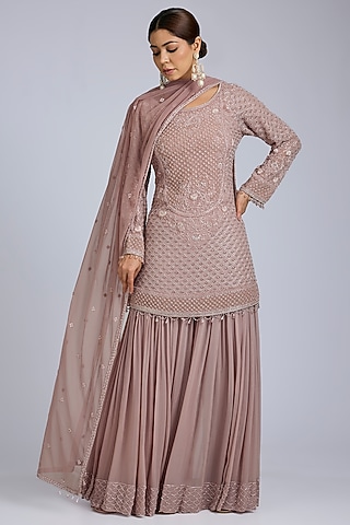 Blush Pink Soft Net Jaal Work Sharara Set by Amitabh Malhotra