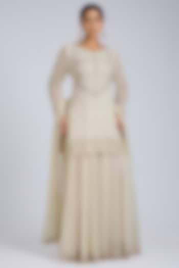 Ivory Georgette & Net Wedding Sharara Set by Amitabh Malhotra at Pernia's Pop Up Shop