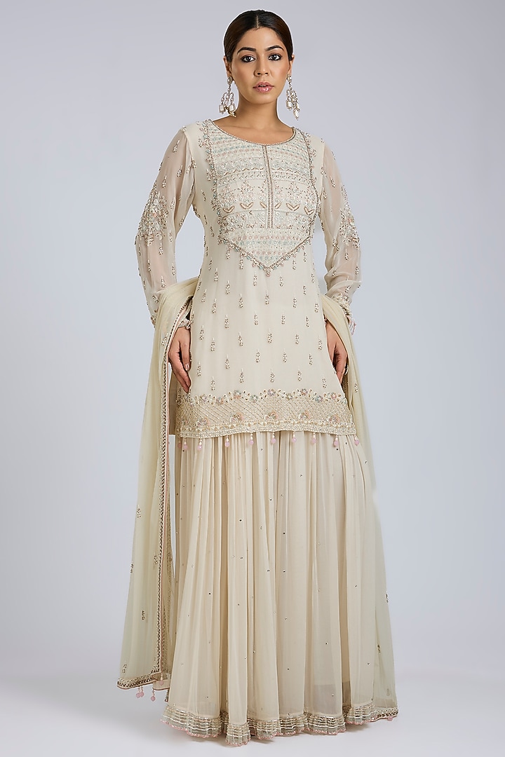 Ivory Georgette & Net Wedding Sharara Set by Amitabh Malhotra at Pernia's Pop Up Shop