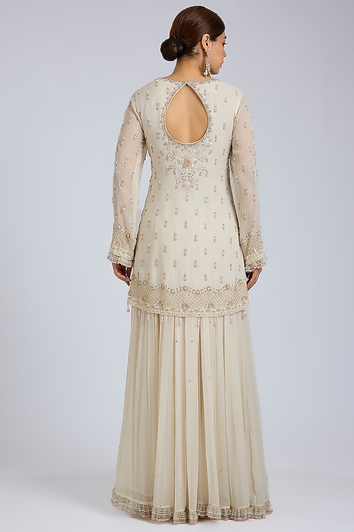 Ivory Georgette & Net Wedding Sharara Set by Amitabh Malhotra at Pernia's Pop Up Shop