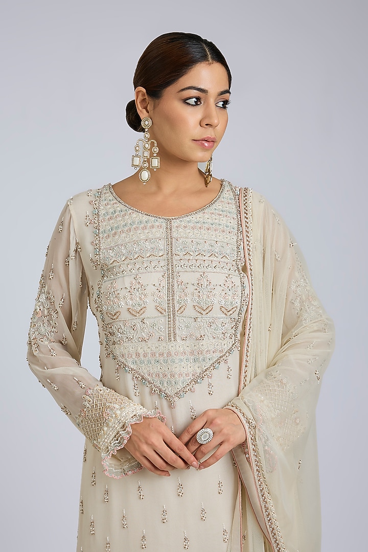 Ivory Georgette & Net Wedding Sharara Set by Amitabh Malhotra at Pernia's Pop Up Shop