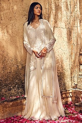 Ivory Georgette Skirt Set by Amitabh Malhotra