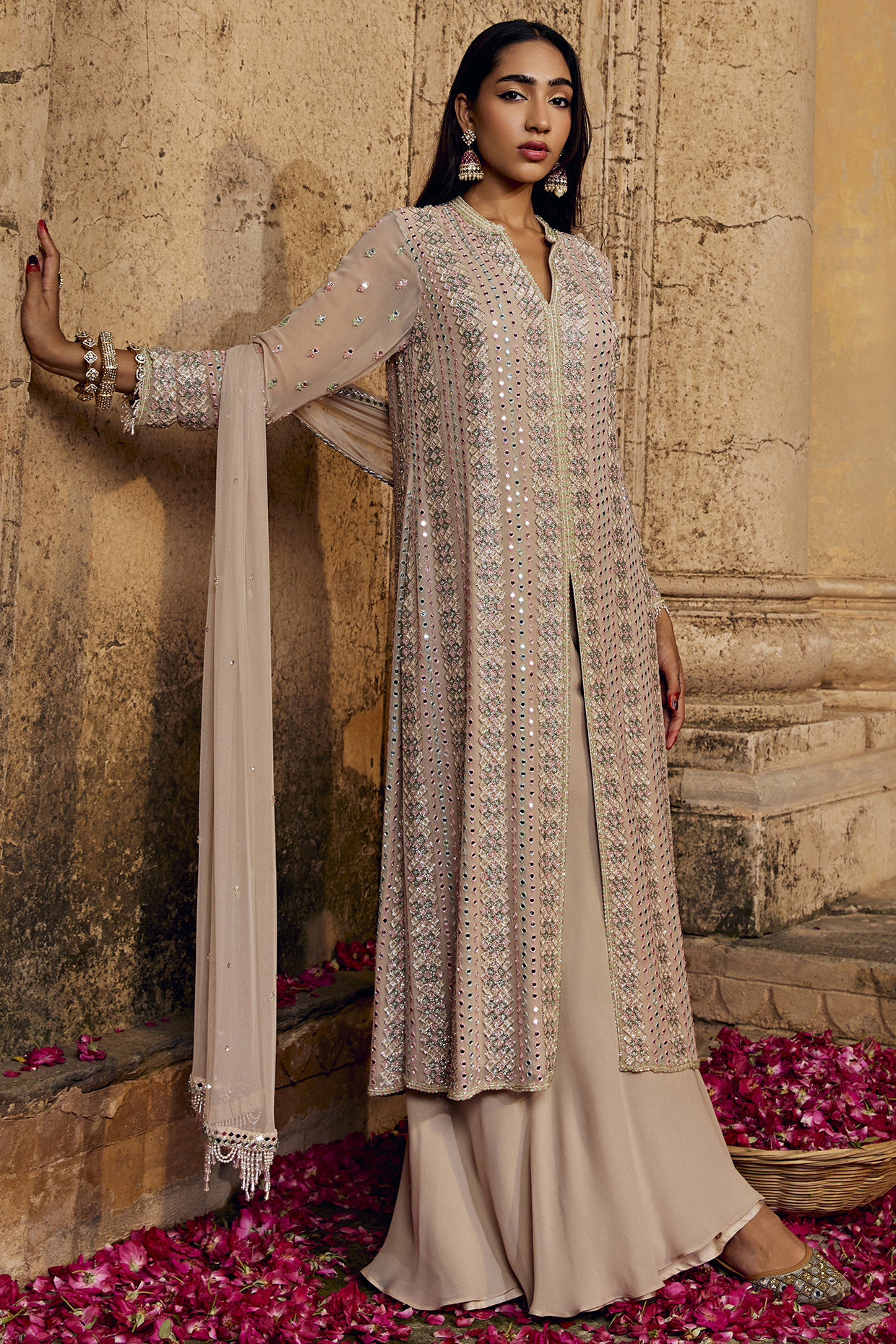 Beige Georgette Wedding Sharara Set by Amitabh Malhotra at Pernia's Pop Up Shop
