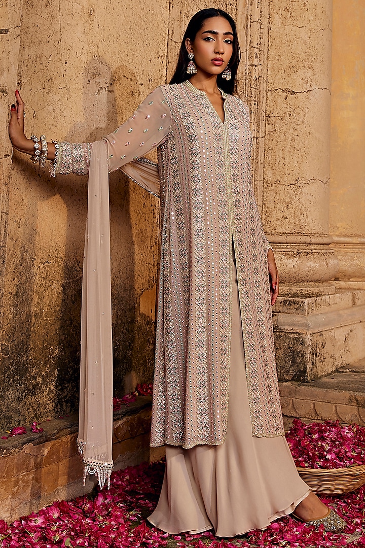Beige Georgette Wedding Sharara Set by Amitabh Malhotra at Pernia's Pop Up Shop
