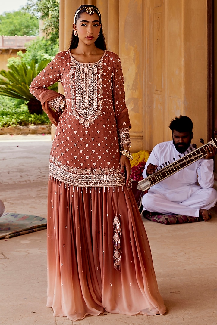 Peach Georgette Ombre Gathered Skirt Set by Amitabh Malhotra at Pernia's Pop Up Shop