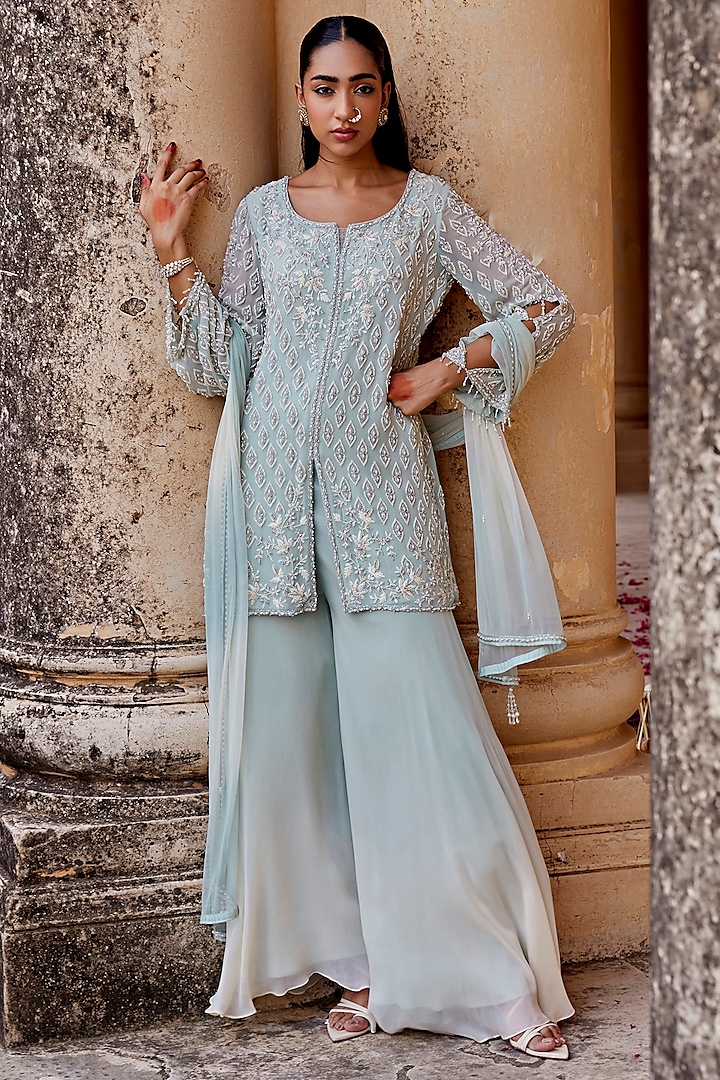 Sage Green Georgette Floral Embroidered Tunic Set by Amitabh Malhotra