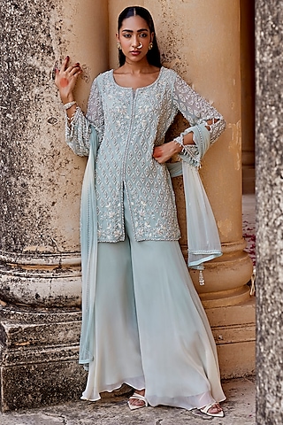 Sage Green Georgette Floral Embroidered Tunic Set by Amitabh Malhotra