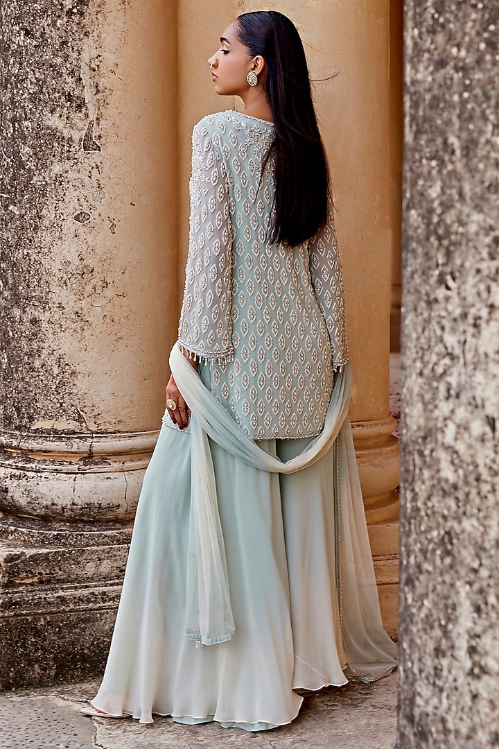 Sage Green Georgette Floral Embroidered Tunic Set by Amitabh Malhotra at Pernia's Pop Up Shop