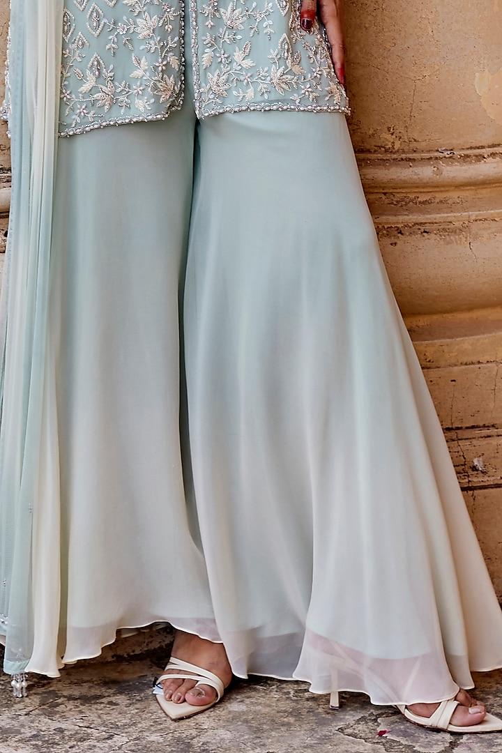Sage Green Georgette Floral Embroidered Tunic Set by Amitabh Malhotra at Pernia's Pop Up Shop