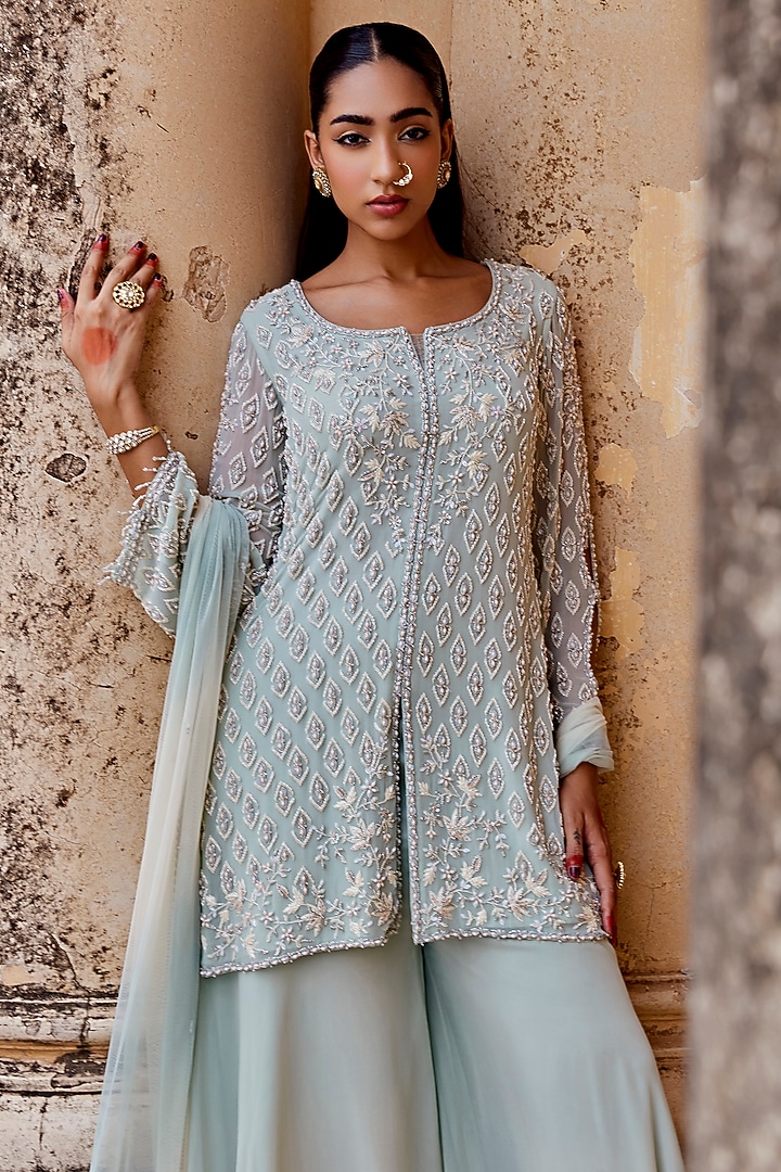 Sage Green Georgette Floral Embroidered Tunic Set by Amitabh Malhotra at Pernia's Pop Up Shop