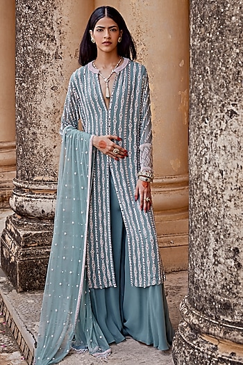 Ice Green Georgette Wedding Sharara Set by Amitabh Malhotra at Pernia's Pop Up Shop