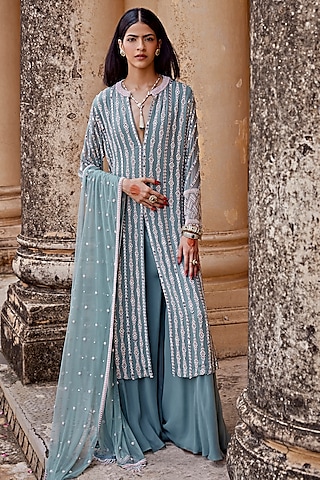 Ice Green Georgette Sharara Set by Amitabh Malhotra