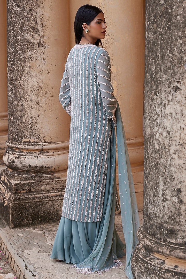 Ice Green Georgette Wedding Sharara Set by Amitabh Malhotra at Pernia's Pop Up Shop