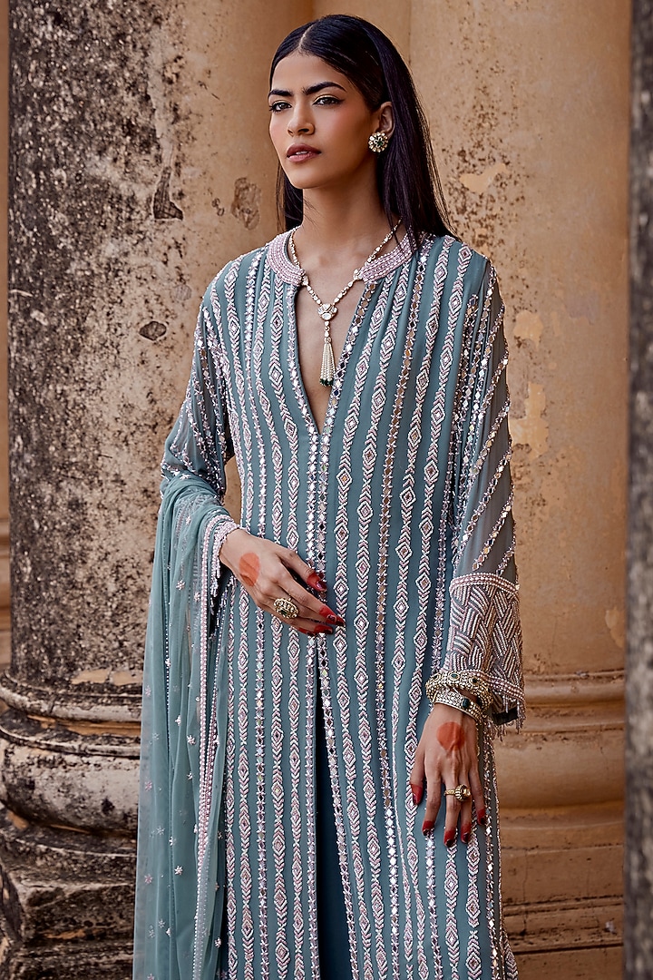 Ice Green Georgette Wedding Sharara Set by Amitabh Malhotra at Pernia's Pop Up Shop