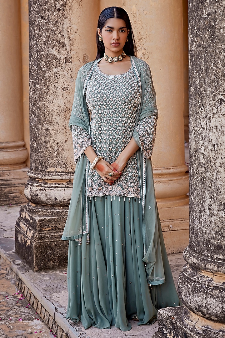 Irish Green Georgette Skirt Set by Amitabh Malhotra at Pernia's Pop Up Shop