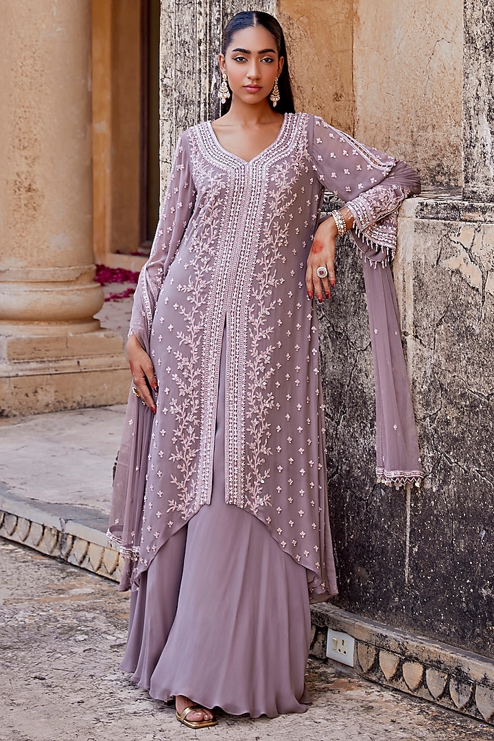 Cinnamon Mauve Georgette Flared Sharara Set by Amitabh Malhotra at Pernia's Pop Up Shop