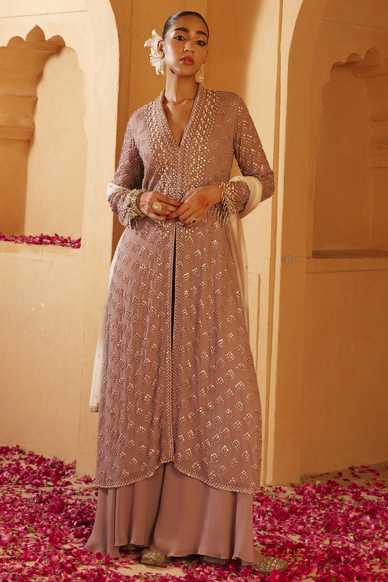 Cinnamon Pink Georgette Wedding Sharara Set by Amitabh Malhotra at Pernia's Pop Up Shop
