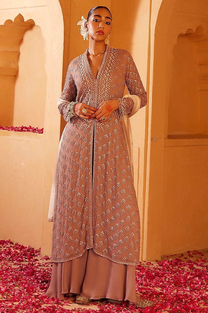 Cinnamon Pink Georgette Wedding Sharara Set by Amitabh Malhotra at Pernia's Pop Up Shop