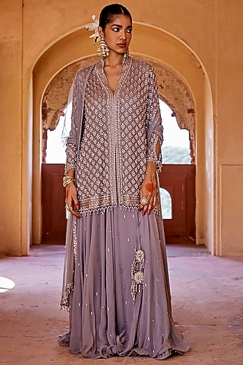Ash Grey Georgette Wedding Sharara Set by Amitabh Malhotra at Pernia's Pop Up Shop