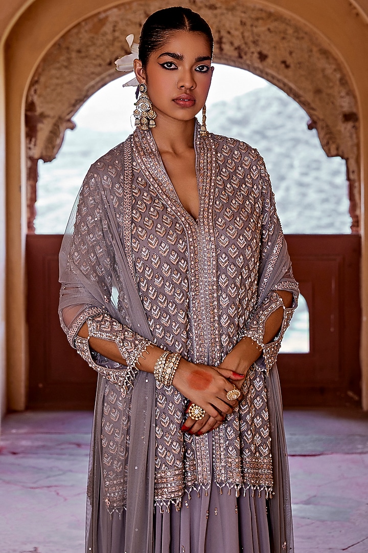 Ash Grey Georgette Wedding Sharara Set by Amitabh Malhotra at Pernia's Pop Up Shop