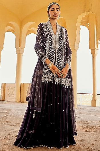 Charcoal Blue Georgette Skirt Set by Amitabh Malhotra at Pernia's Pop Up Shop