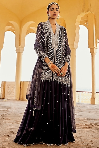 Charcoal Blue Georgette Skirt Set by Amitabh Malhotra