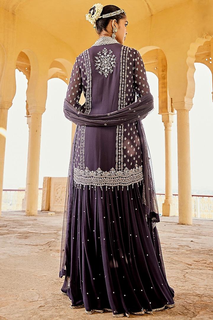 Charcoal Blue Georgette Skirt Set by Amitabh Malhotra at Pernia's Pop Up Shop