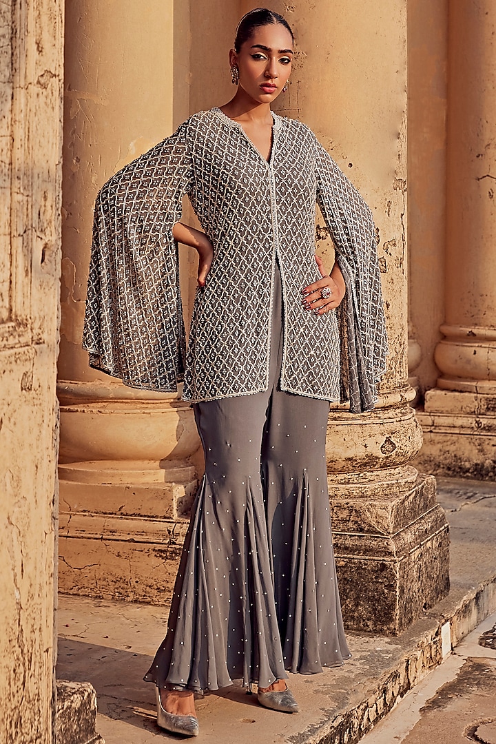 Charcoal Grey Georgette Sequins Embroidered Co-Ord Set by Amitabh Malhotra