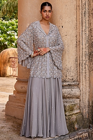 Glacier Grey Georgette Zari Embroidered Co-Ord Set by Amitabh Malhotra