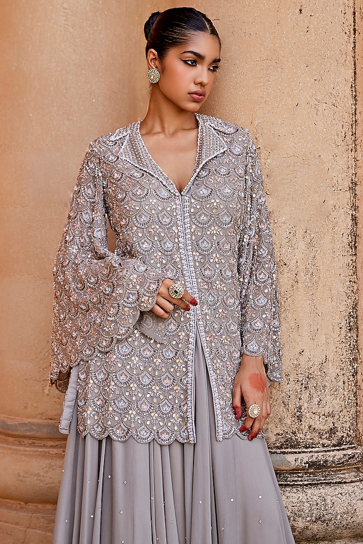 Glacier Grey Georgette Zari Embroidered Co-Ord Set by Amitabh Malhotra at Pernia's Pop Up Shop