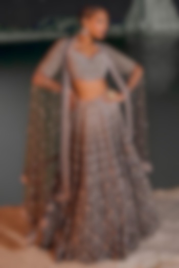 Mouse Grey Double Georgette Cutwork Embellished Bridal Lehenga Set by Amitabh Malhotra at Pernia's Pop Up Shop