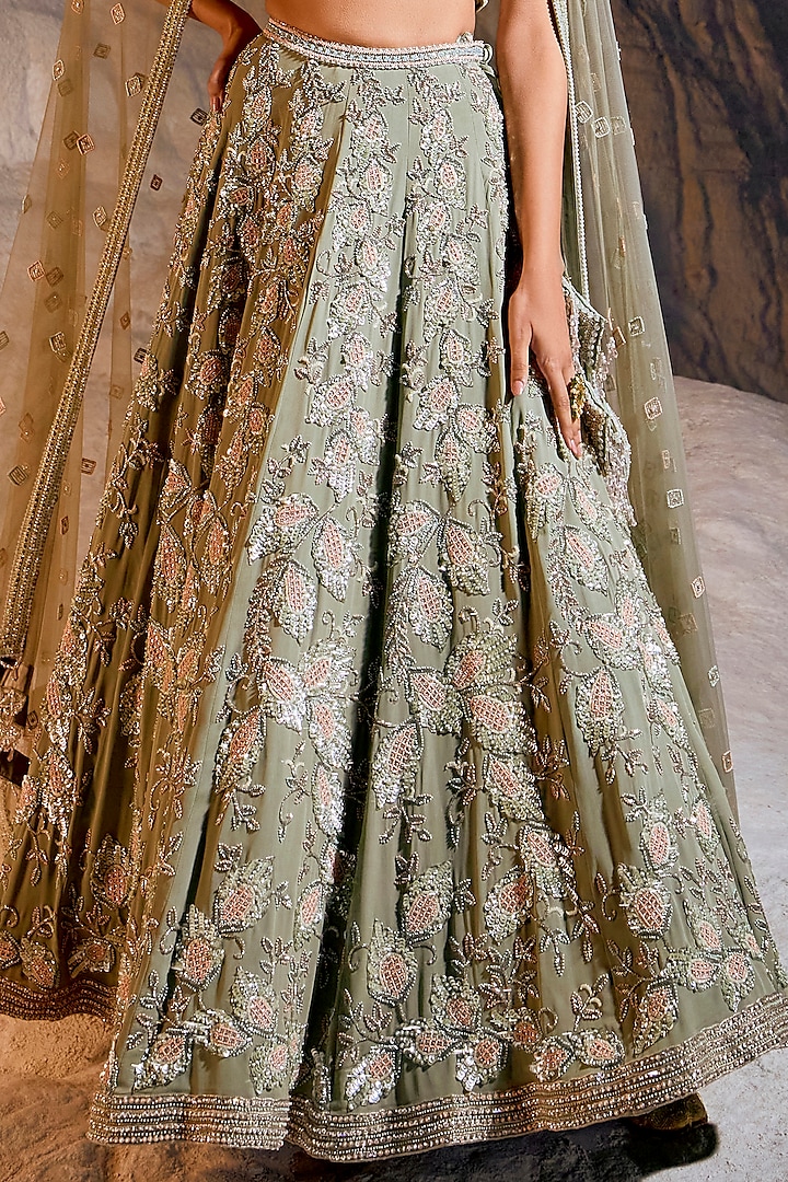 Stone Green Double Georgette Embellished Bridal Lehenga Set by Amitabh Malhotra at Pernia's Pop Up Shop