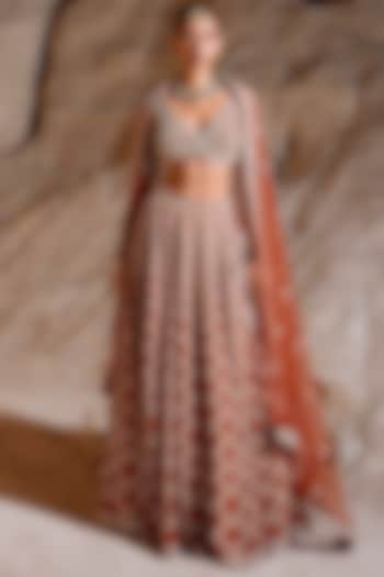 Rust Orange Double Georgette Embellished Lehenga Set by Amitabh Malhotra