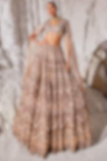 Golden-Grey Double Georgette Cutwork Embellished Bridal Lehenga Set by Amitabh Malhotra at Pernia's Pop Up Shop