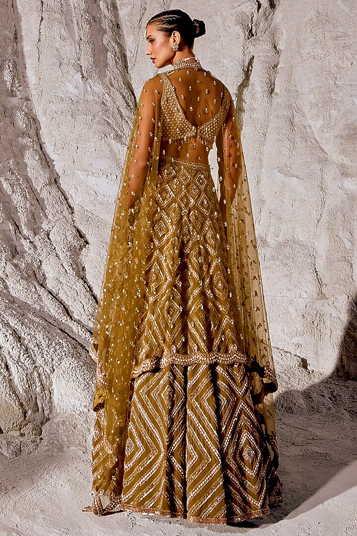 Moss Green Double Georgette Embellished Bridal Lehenga Set by Amitabh Malhotra at Pernia's Pop Up Shop
