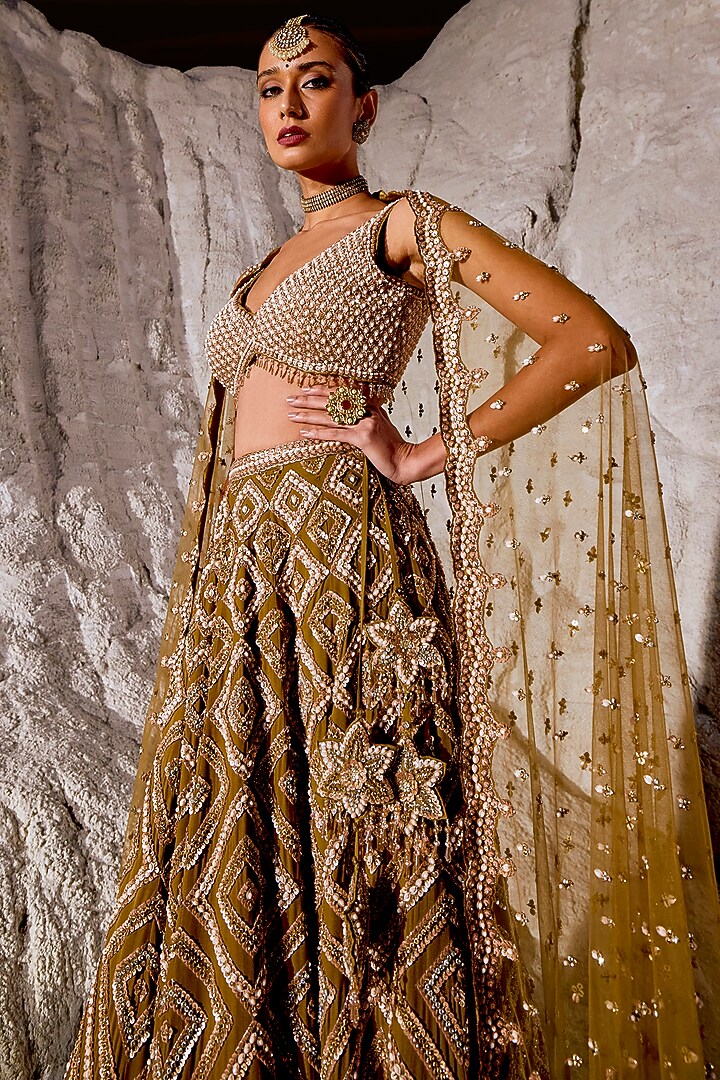 Moss Green Double Georgette Embellished Bridal Lehenga Set by Amitabh Malhotra at Pernia's Pop Up Shop