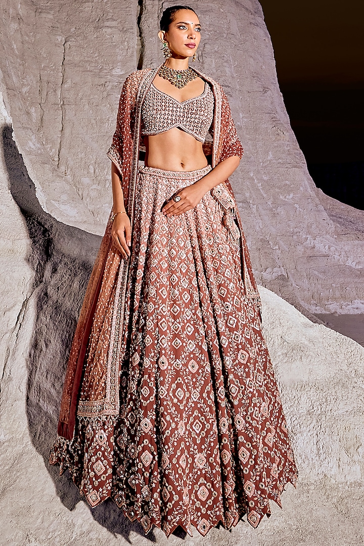 Brick Cinnamon Brown Double Georgette Embellished Bridal Lehenga Set by Amitabh Malhotra at Pernia's Pop Up Shop