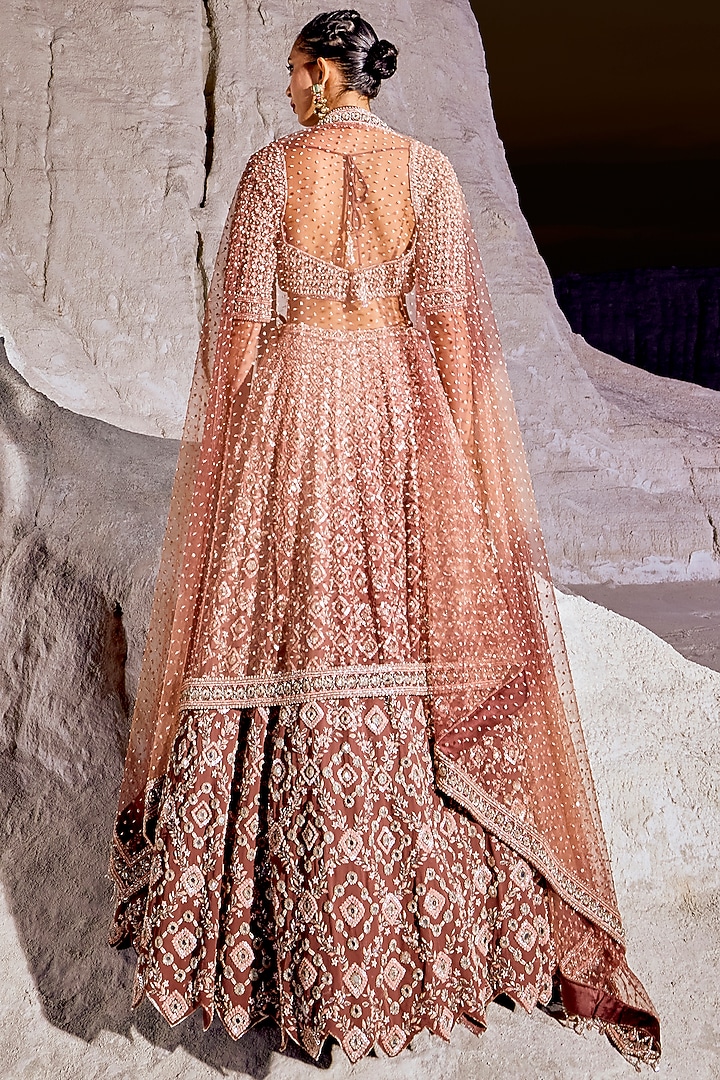 Brick Cinnamon Brown Double Georgette Embellished Bridal Lehenga Set by Amitabh Malhotra at Pernia's Pop Up Shop