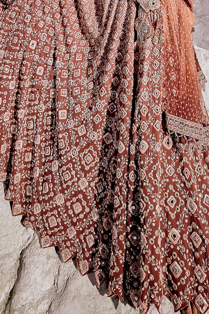 Brick Cinnamon Brown Double Georgette Embellished Bridal Lehenga Set by Amitabh Malhotra at Pernia's Pop Up Shop