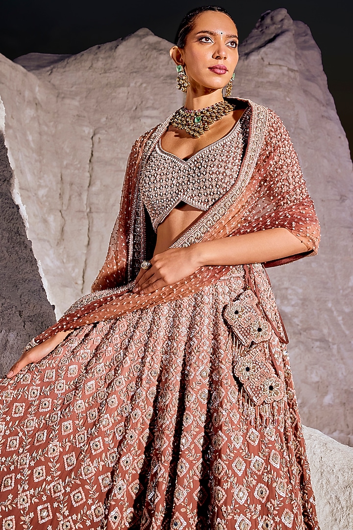 Brick Cinnamon Brown Double Georgette Embellished Bridal Lehenga Set by Amitabh Malhotra at Pernia's Pop Up Shop
